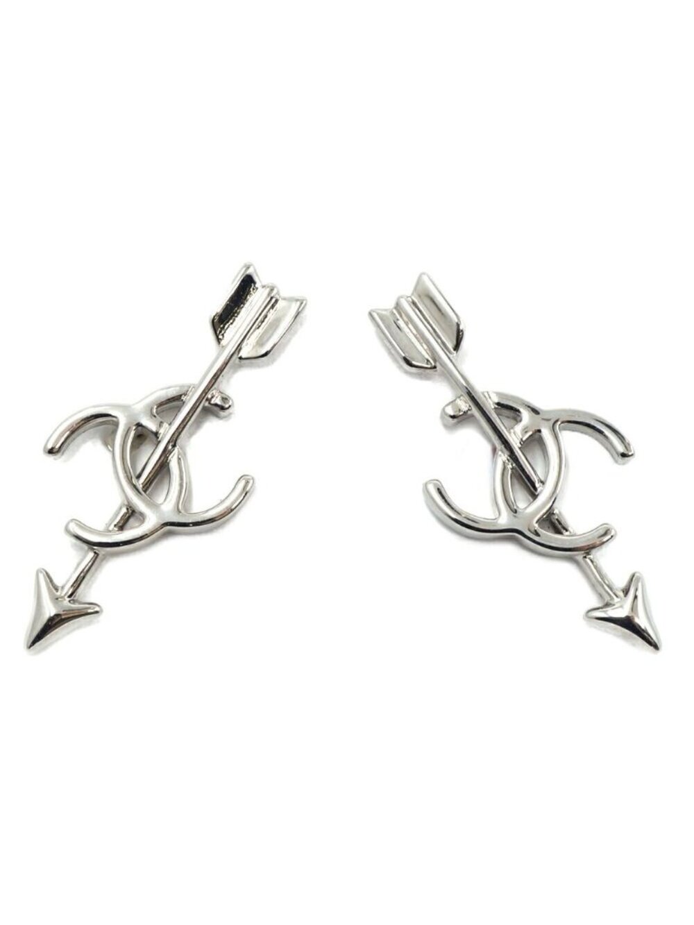 Chanel CC Logo Earrings Arrow Silver Metal Bow